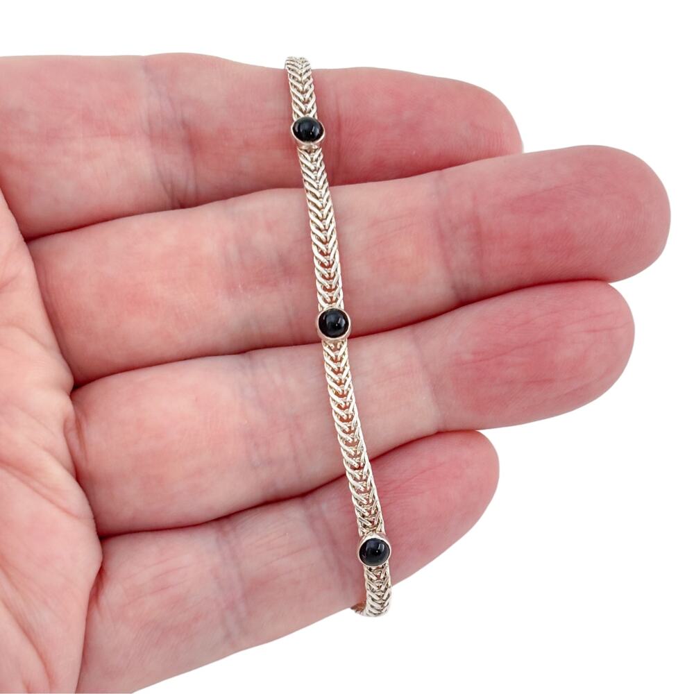 Vintage Sterling Silver 925 Onyx Foxtail Bracelet 7"